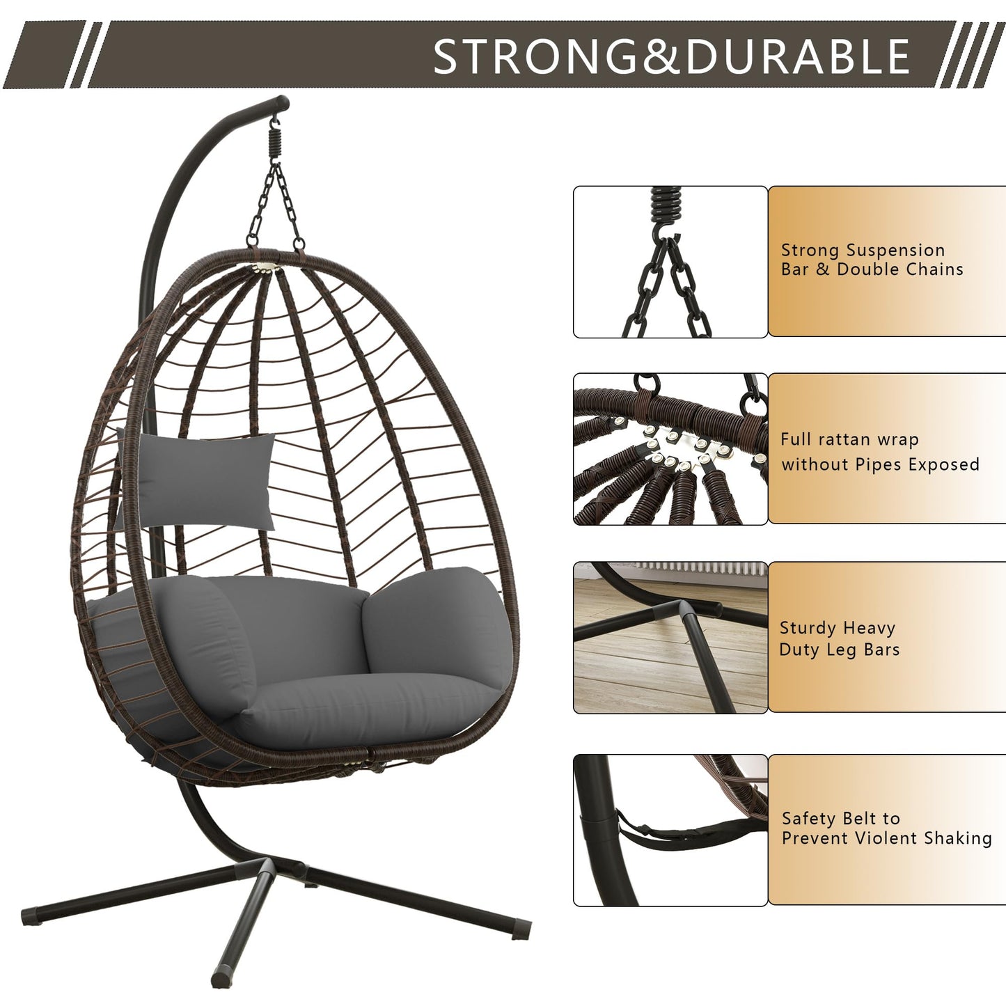 ASJMR Egg Swing Chair Outdoor Indoor Wicker Rattan Hanging Chair with Stand 350lbs Capacity w/Strong Frame & Grey Cushions for Patio Balcony Bedroom