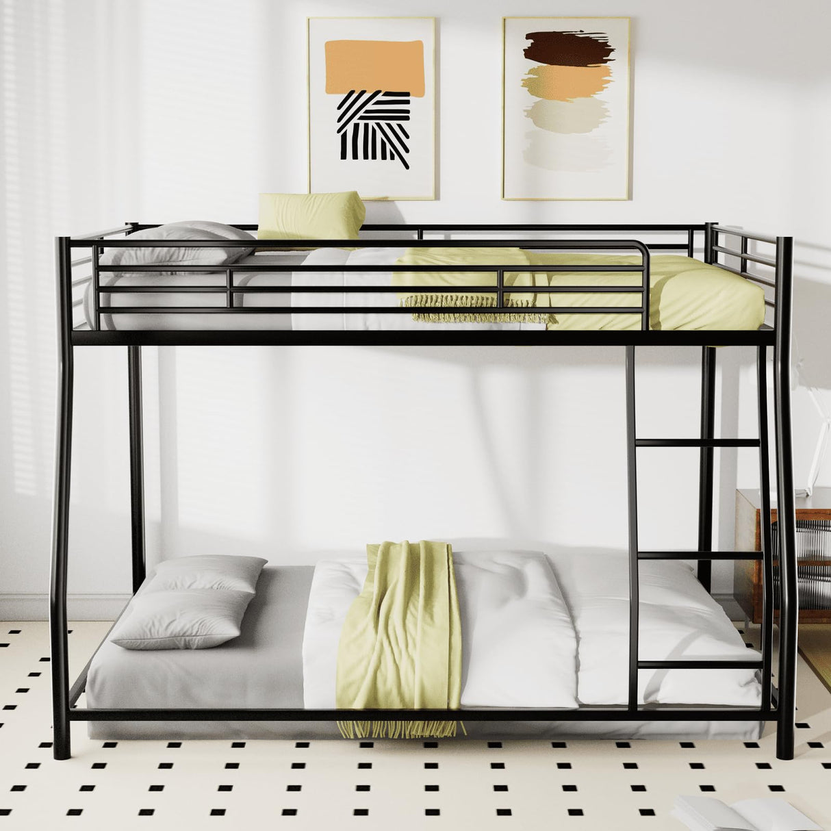 TURRIDU Full XL Over Queen Bunk Bed, Heavy Duty Metal Bunk Bed Frame with Full-Length Guardrails & Ladders, Bedroom Bunk Bed for Teens, Adults, Noise Free, Black TURRIDU