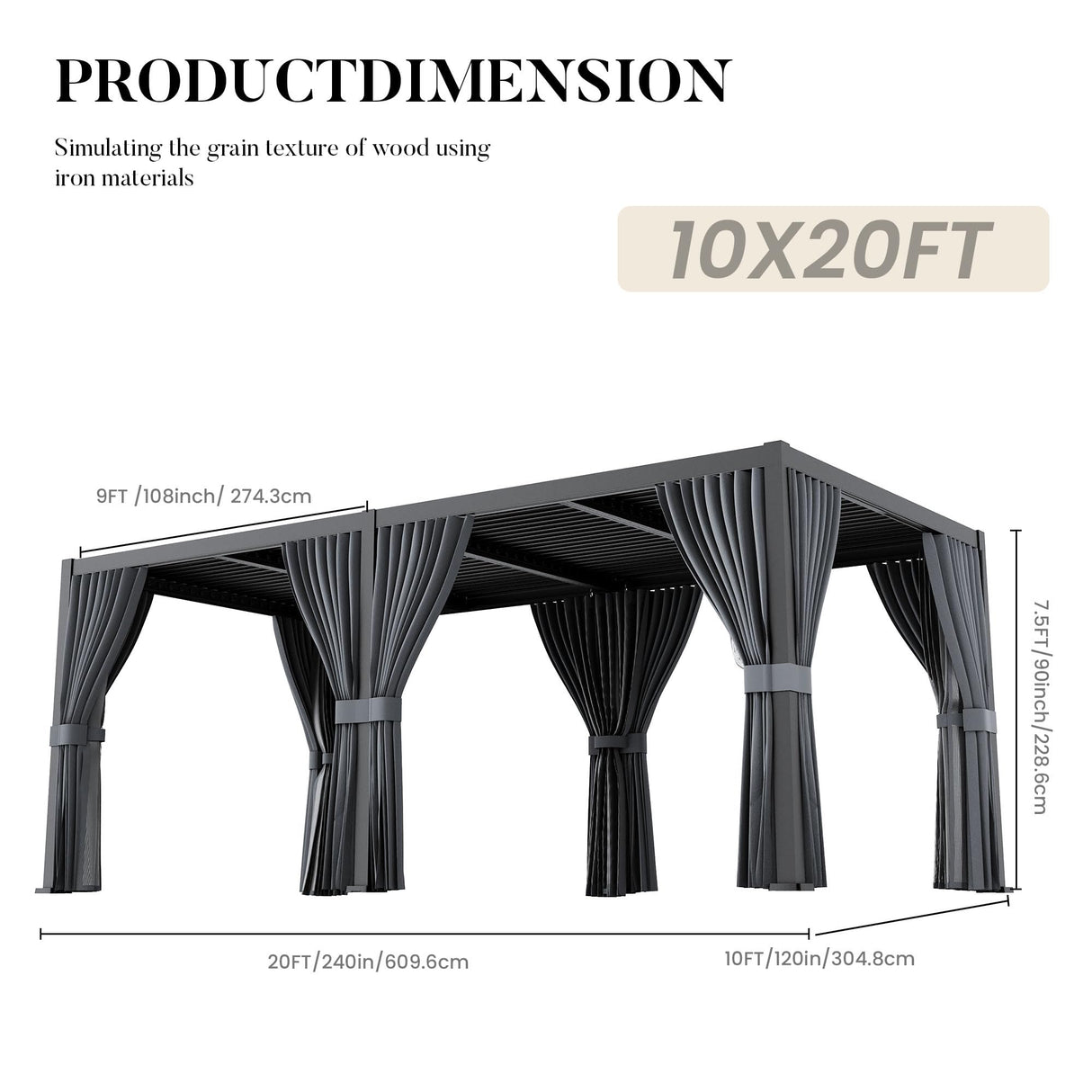 HOMPUS Louvered Pergola 10' x 20', Outdoor pergola with Aluminum Frame and Adjustable Rainproof Roof, Modern Louvre Shade for Garden & Patio, Curtains and Netting Included, Black HOMPUS