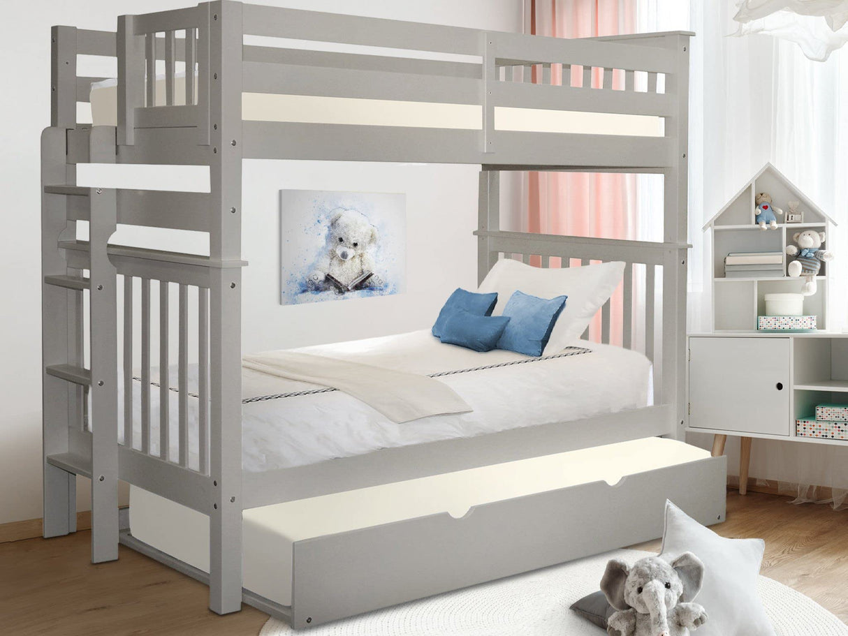 Bedz King Tall Bunk Beds Twin over Twin Mission Style with End Ladder and a Twin Trundle, Gray Bedz King
