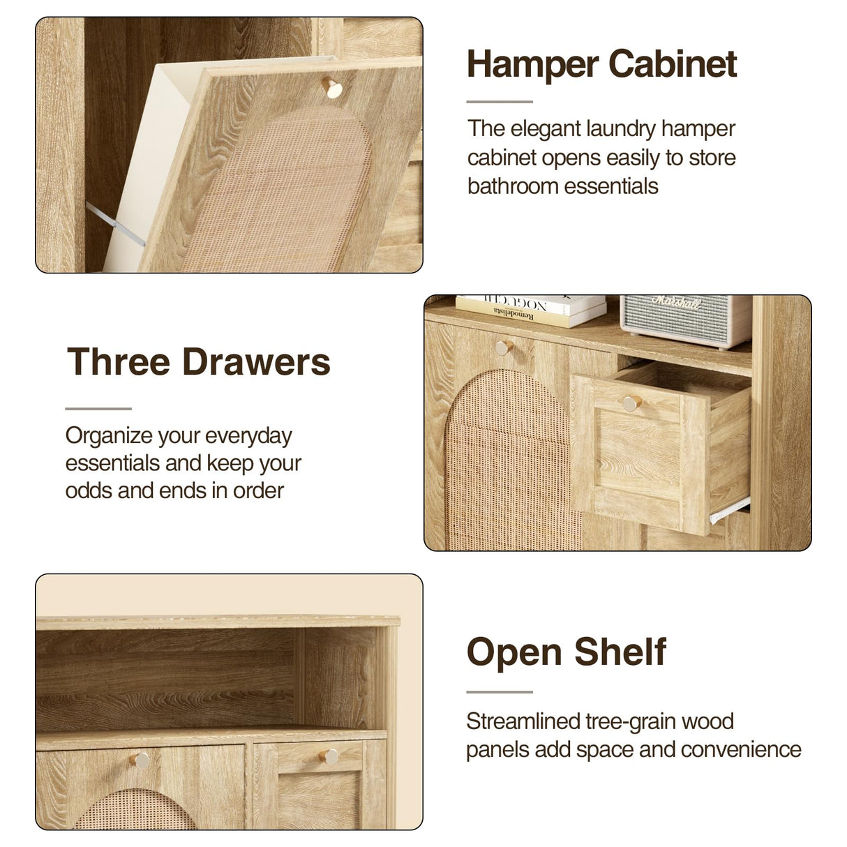 Natural Rattan Storage Cabinet with 3 Drawers, Tilt Out Trash Can Cabinet for 10 Gallon Trash Can for Laundry Hamper, Accent Furniture, Dual Dog Proof Garbage Can Cabinet for Living Room, Barthroom FiveWillowise