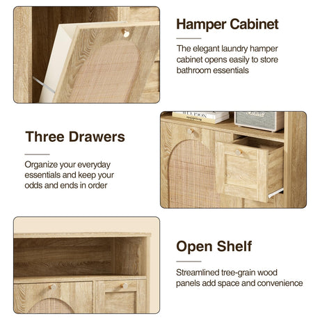 Natural Rattan Storage Cabinet with 3 Drawers, Tilt Out Trash Can Cabinet for 10 Gallon Trash Can for Laundry Hamper, Accent Furniture, Dual Dog Proof Garbage Can Cabinet for Living Room, Barthroom FiveWillowise