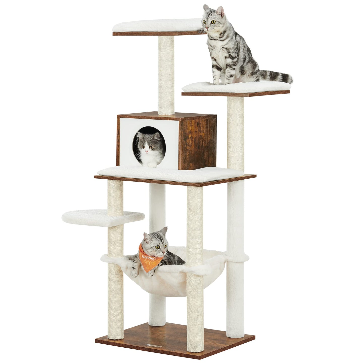 Feandrea WoodyWonders Cat Tree, Modern Cat Tower for Indoor Cats, 54.3-Inch Multi-Level Cat Condo, Ultra-Soft Plush, Scratching Posts, Hammock, Removable, Washable Cushions, Rustic Brown UPCT - WoodArtSupply