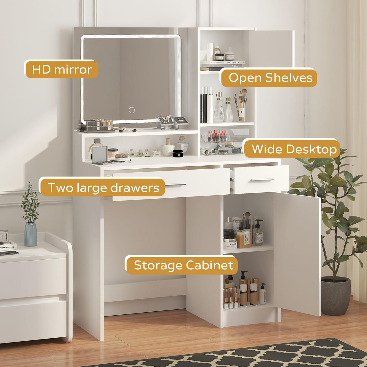 MIRROTOWEL Vanity Desk with Mirror and LED Light Strip,Dressing Table with Large Drawer, 3 Level Storage Dresser & 3 Lighting Modes Adjustable Brightness, Suitable for Bedroom MIRROTOWEL