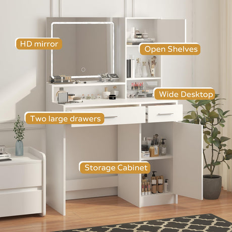 MIRROTOWEL Vanity Desk with Mirror and LED Light Strip,Dressing Table with Large Drawer, 3 Level Storage Dresser & 3 Lighting Modes Adjustable Brightness, Suitable for Bedroom MIRROTOWEL