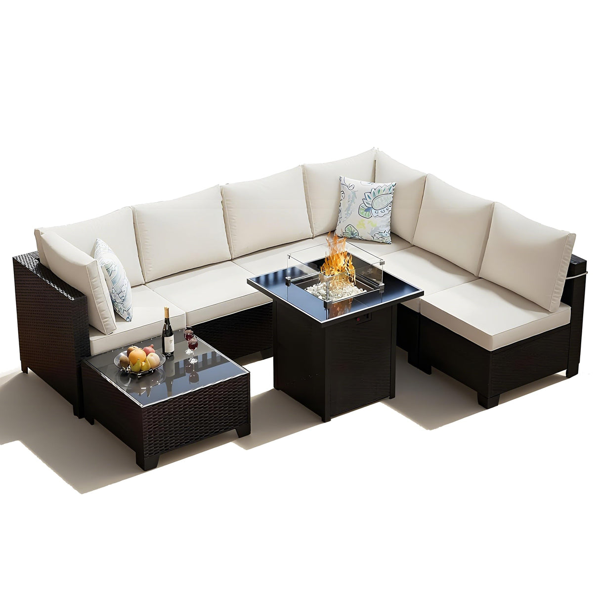 Peacabo 8 Piece Outdoor Patio Furniture Set with Fire Pit, Wicker Outdoor Sectional Sofa for Deck, Garden, Lawn (Brown and Beige) Peacabo