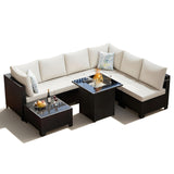 Peacabo 8 Piece Outdoor Patio Furniture Set with Fire Pit, Wicker Outdoor Sectional Sofa for Deck, Garden, Lawn (Brown and Beige) Peacabo