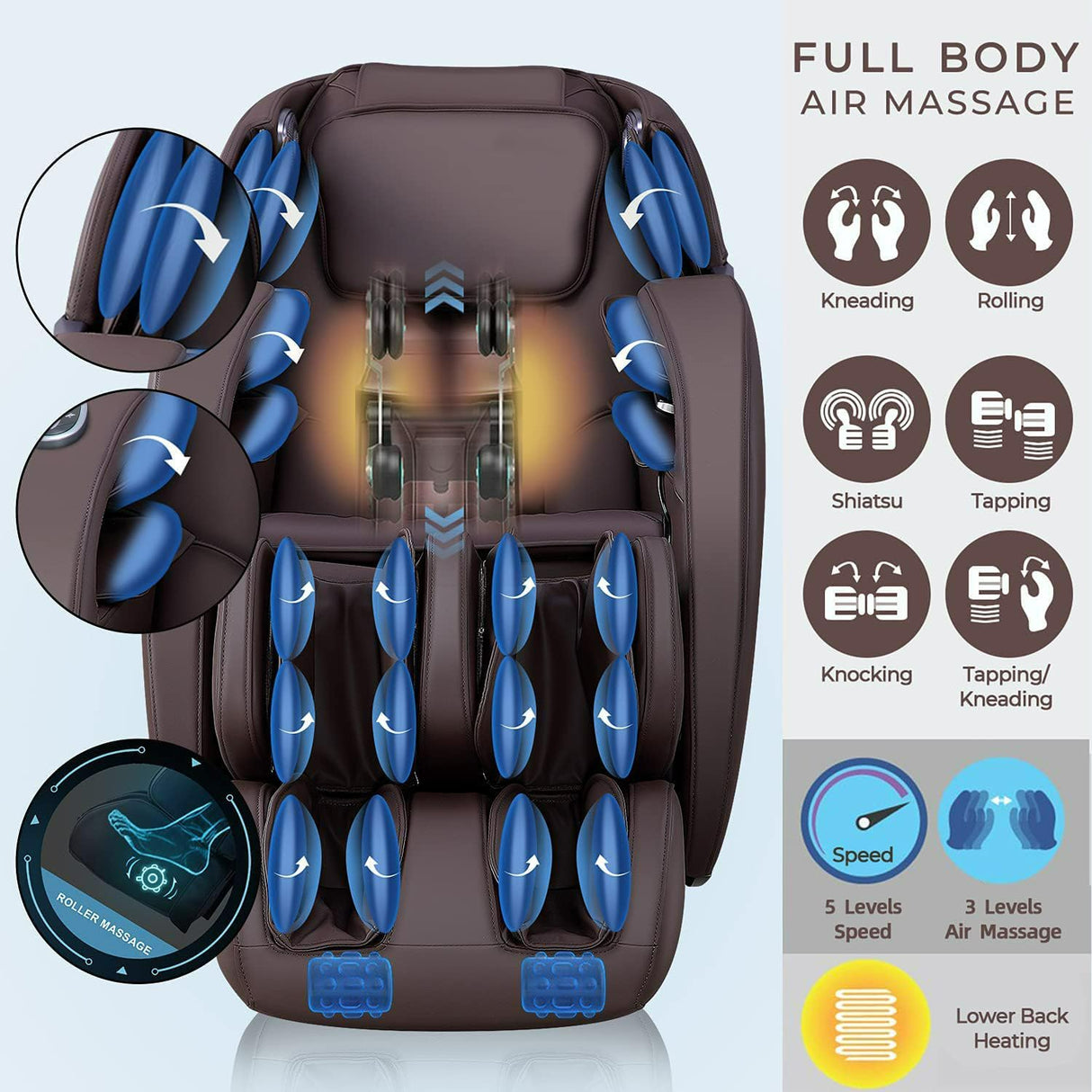 iRest SL Track Massage Chair Recliner, Full Body Massage Chair, Zero Gravity, Bluetooth Speaker, Airbags, Heating, Extendable Footrest and Foot Massage (Brown) iRest
