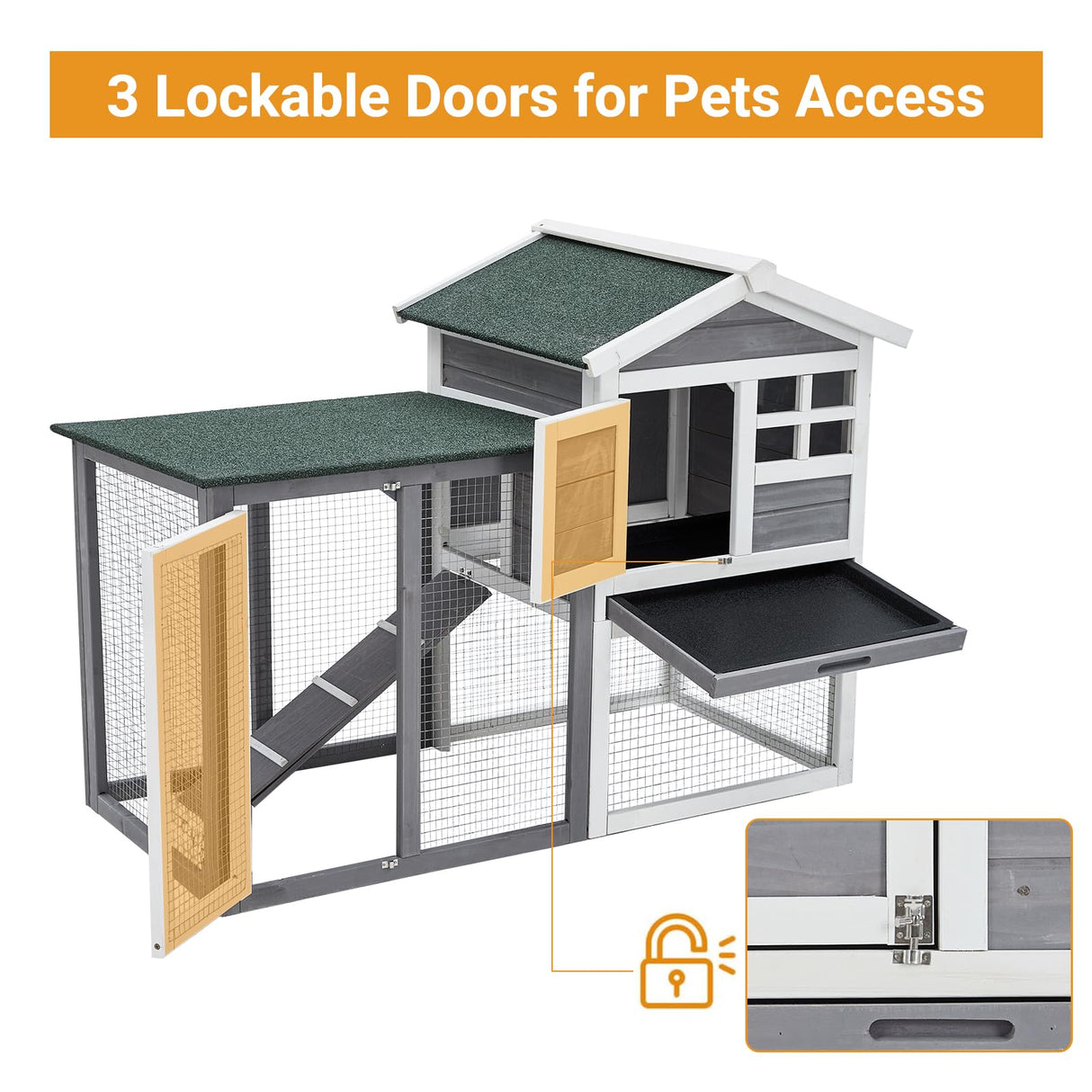 48" Wooden Rabbit Hutch Indoor Waterproof, Chicken Coop, 2 Lockable Doors Bunny Cage Indoor with Weather-Resistant Small House & Open Courtyard, Rabbit Cage Indoor with Wire Fence and Cleaning Tray TROPOW