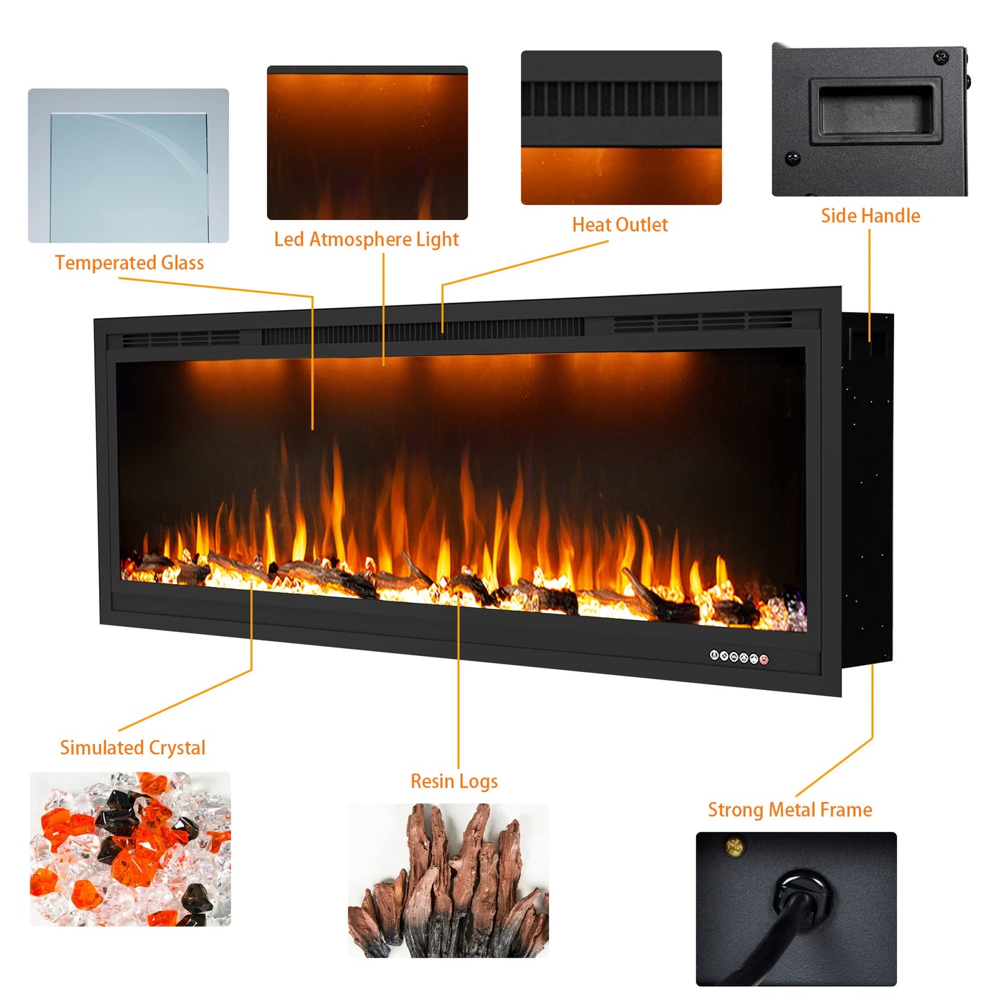 Dreamflame 60 inch Electric Fireplace, Recessed and Wall Mounted Fireplace Heater, 750/1500W Thermostat with Remote Control, Realistic Flame Combinations, Black (60")