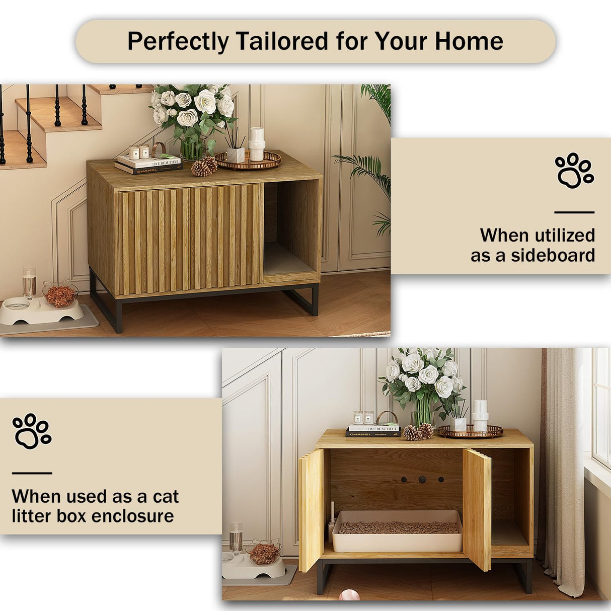 Fienveorn Litter Box Enclosure,Modern Cat Litter Box Enclosure Furniture Hidden Litter Box with Cat Scratch Pad, Cat Washroom Cat House End Table, Entryway Bench for Livingroom (Natural) Halitaa