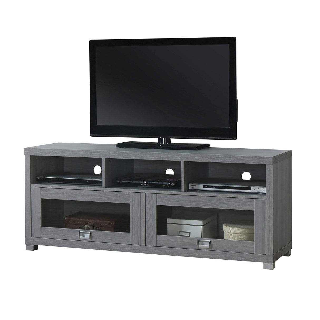 65” TV Stand with Storage & Glass Display Cabinets, Grey TV Stand for Living Room or Bedroom with Cable Management, Fits Screens up to 65 Inches When Measured Diagonally, Grey Techni Mobili