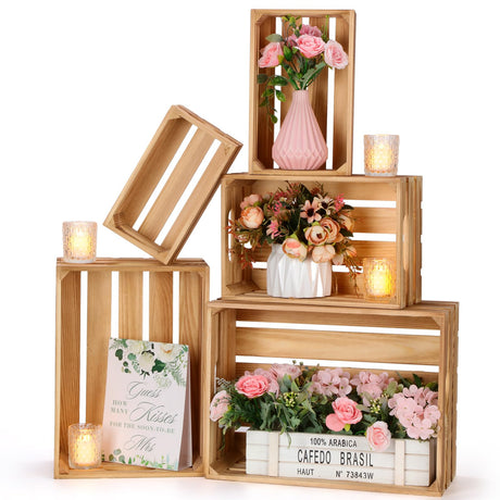 Soaoo 5 Pcs Decorative Nesting Wooden Crates for Storage Display 5 Size Large Small Rustic Wood Decorative Storage Crates with Handle Farmhouse Crate Box Container Made from Pine(Classic Color) Soaoo