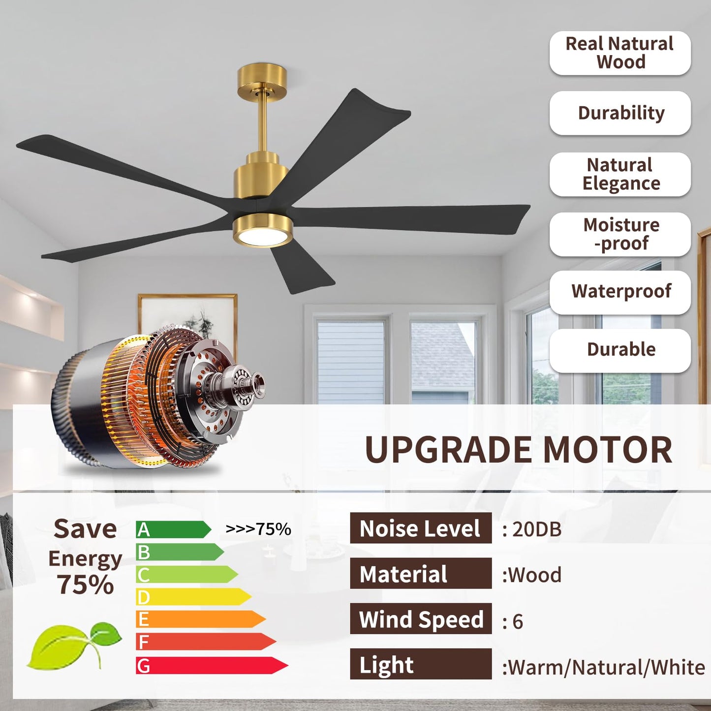 Solid Wood Ceiling Fans DC Motor with Light and Remote Control, 60 Inch Natural Wood Ceiling Fan 5 Blades Waterproof, 6-Speed Reversible Indoor Outdoor Ceiling Fans for Patio, Bedroom, Living Room