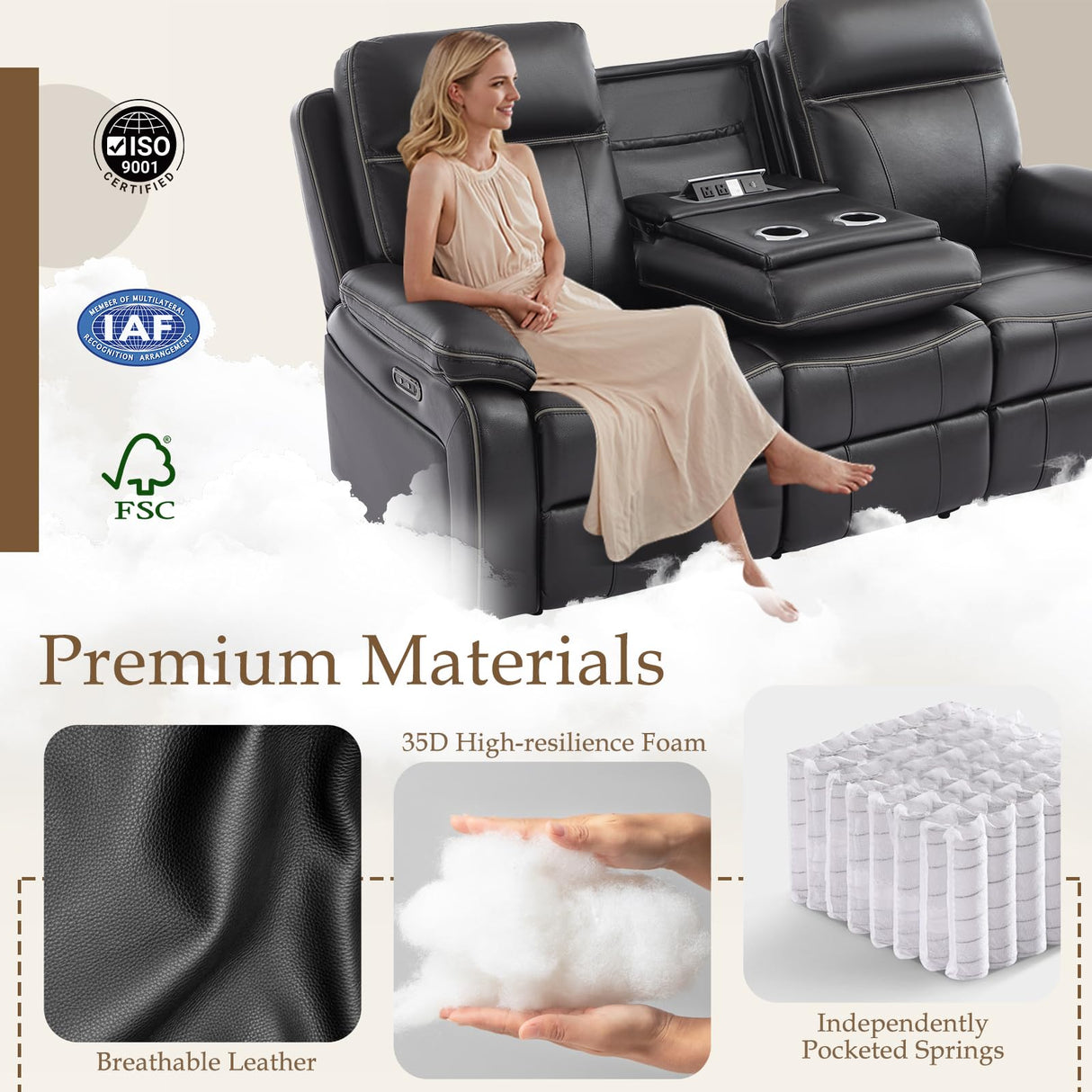 Neptane Power Reclining Sofa Set with LED Reading Light/Bluetooth Speakers/Storage Drawer, Power Loveseat Recliner Sofa, Reclining Living Room Set with Outlets/Breathing Leather (Black, Sofa+Loveseat) Neptane