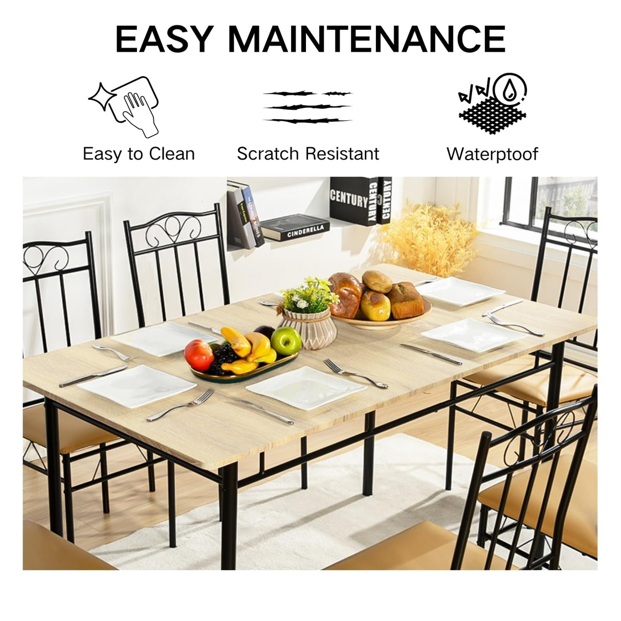 Homy Casa 7-Piece Modern Dining Set for 6, 55.1" Square Table with PVC Soft-Cushion Seats, Space-Saving Design, Metal Frames, Ideal for Small Kitchens, Apartments, and Dining Rooms, Light Yellow Homy Casa