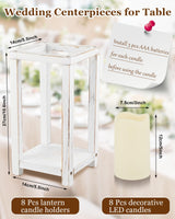 Huquary 16 Pcs Wooden Candle Lantern Set Includes 8 Rustic Wedding Centerpieces for Table Farmhouse Wooden Candle Holder and 8 Flameless Decorative LED Candles for Wedding Decor (White,Rectangle) Huquary