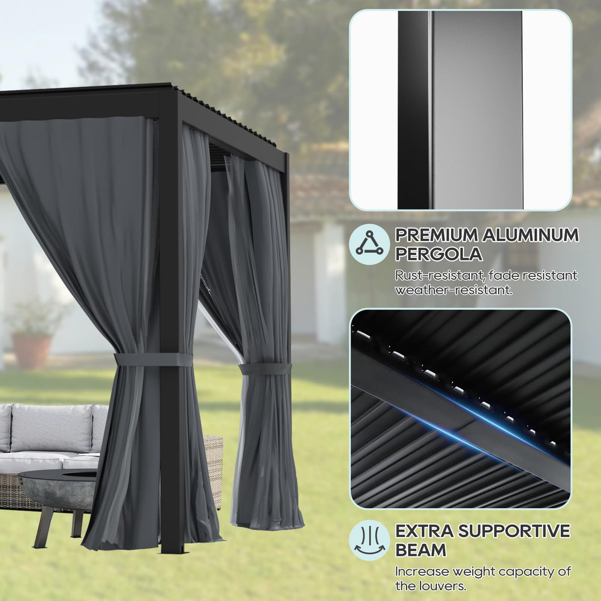 LVUYOYO Louvered Pergola 10' x 13', Outdoor Pergola with Adjustable Roof, Aluminum Frame Pergola with Curtains and Netting, Hardtop Metal Gazebo for Patio, Backyard, Garden, Deck (Black) LVUYOYO