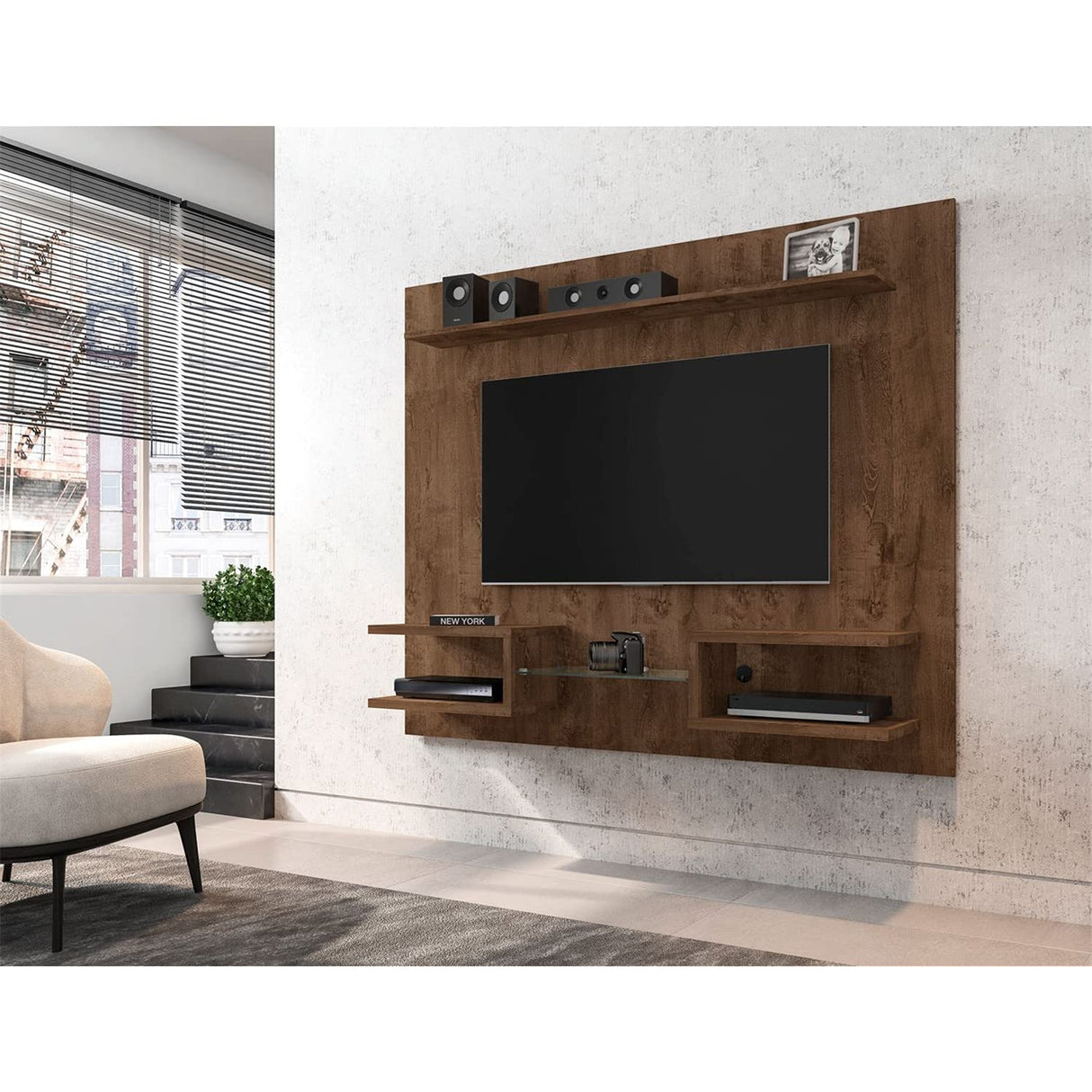 Manhattan Comfort Plaza Floating Entertainment Center for Living Room, Wall Mounted TV Stand with Display Shelves, Wire Management & Mounting Hardware, Fits up to 50" Screens, Rustic Brown Manhattan Comfort