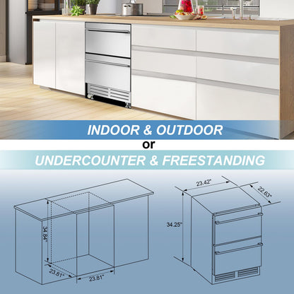 24 Inch Dual Drawer Fridge Under Counter, Stainless Steel Weather-Proof Design Outdoor Beverage Refrigerator for Patio, Freestanding or Built-In Installation, Ideal for Home and Commercial Use