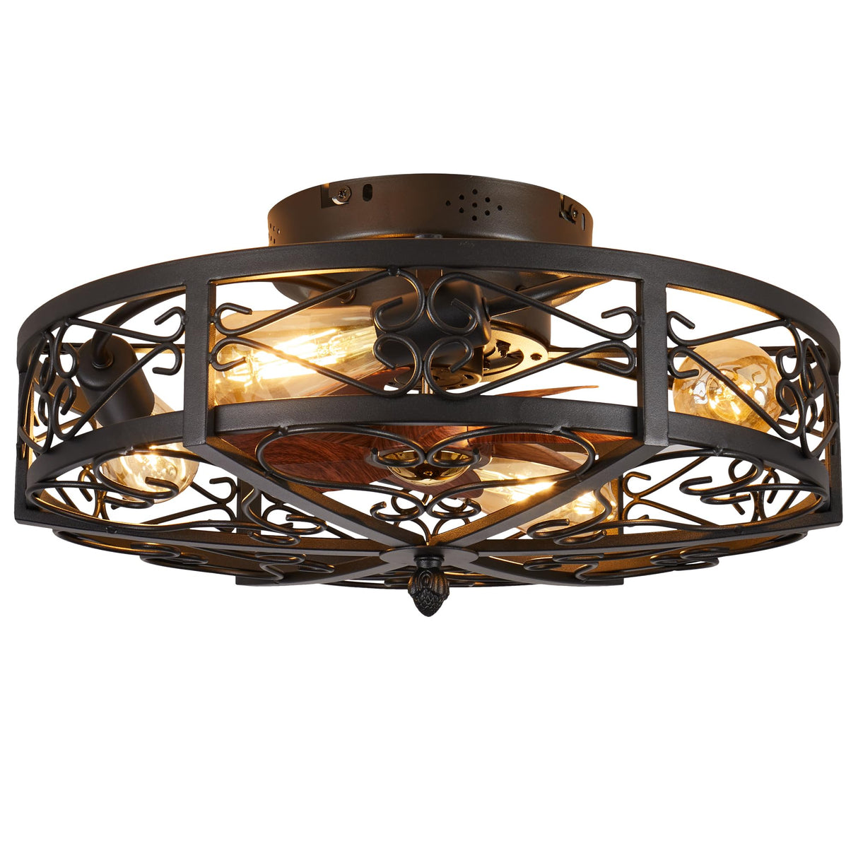 jarensen Rustic Black Caged Flush Mount Ceiling Fans with Lights and Remote Vintage Low Profile Bladeless Ceiling Fan, Reversible Motor, E26 Bulbs, 6 Speeds,for Farmhouse, Living Room, and Bedroom jarensen