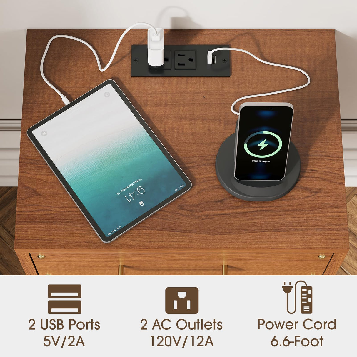 JOINICE Floating Nightstand Set of 2 with Charging Station, Mid Century Modern Wood Wall Mounted Bedside Table with Storage Drawers & Fluted End Table for Bedroom, Home Small Space, Cherry, 2 PCS JOINICE