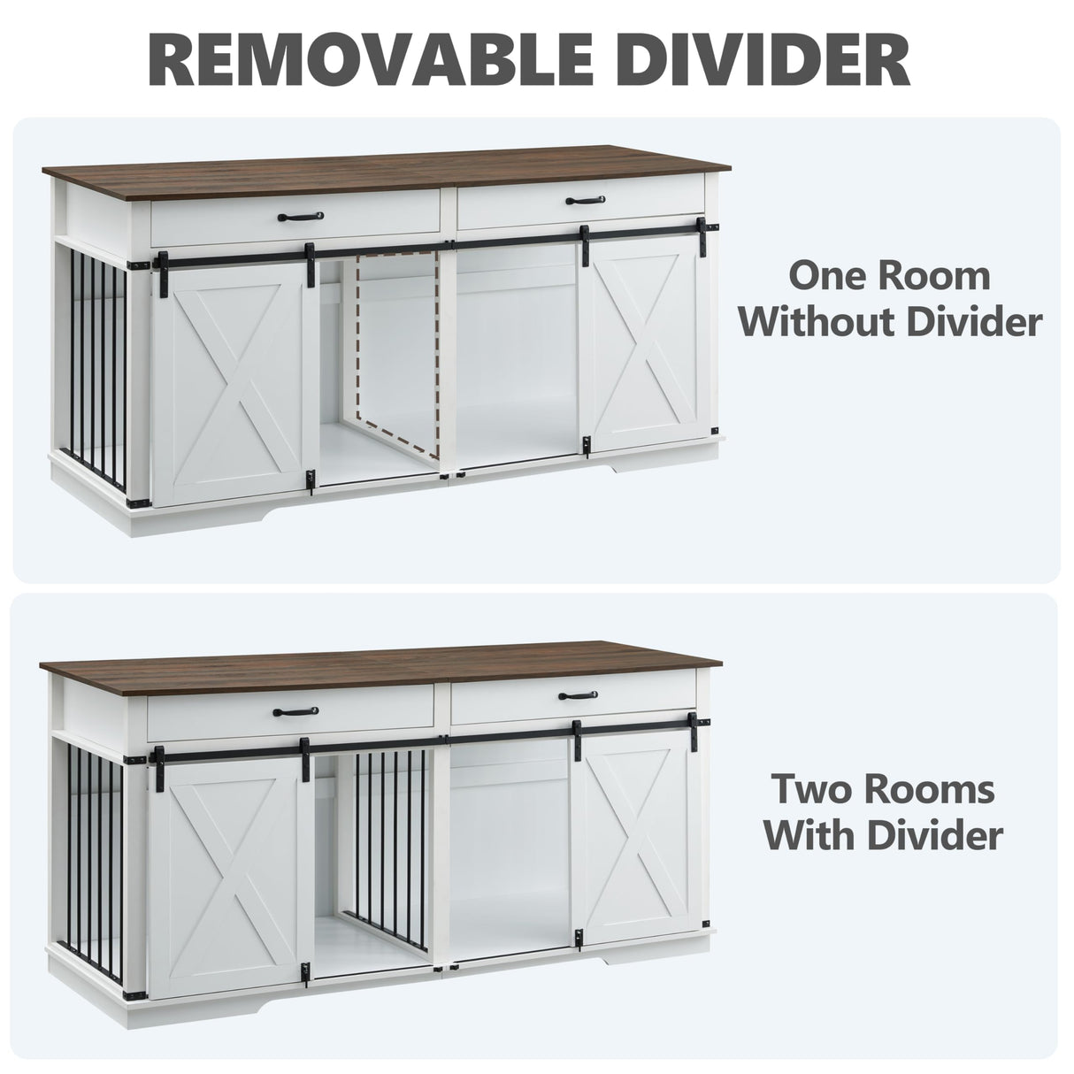 72.5" Extra Large Furniture Style Double Dog Crates for Large Breeds, XXL Wooden Dog Kennel Furniture with Drawers, Divider, Water Resistant & Barn Door for 2 Dogs, White EDYO LIVING