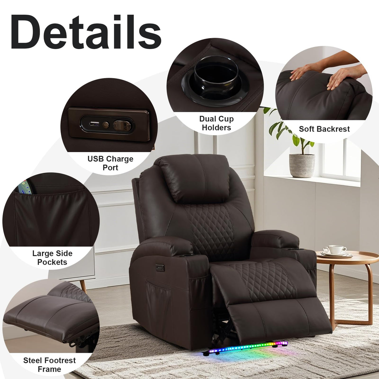 AHMED Power Recliner Chair with Vibration Massage & Heat for Adults, Faux Leather Home Theater Seating with Cup Holders/LED Lights/USB Ports/Side Pockets for Living Room, Brown AHMED