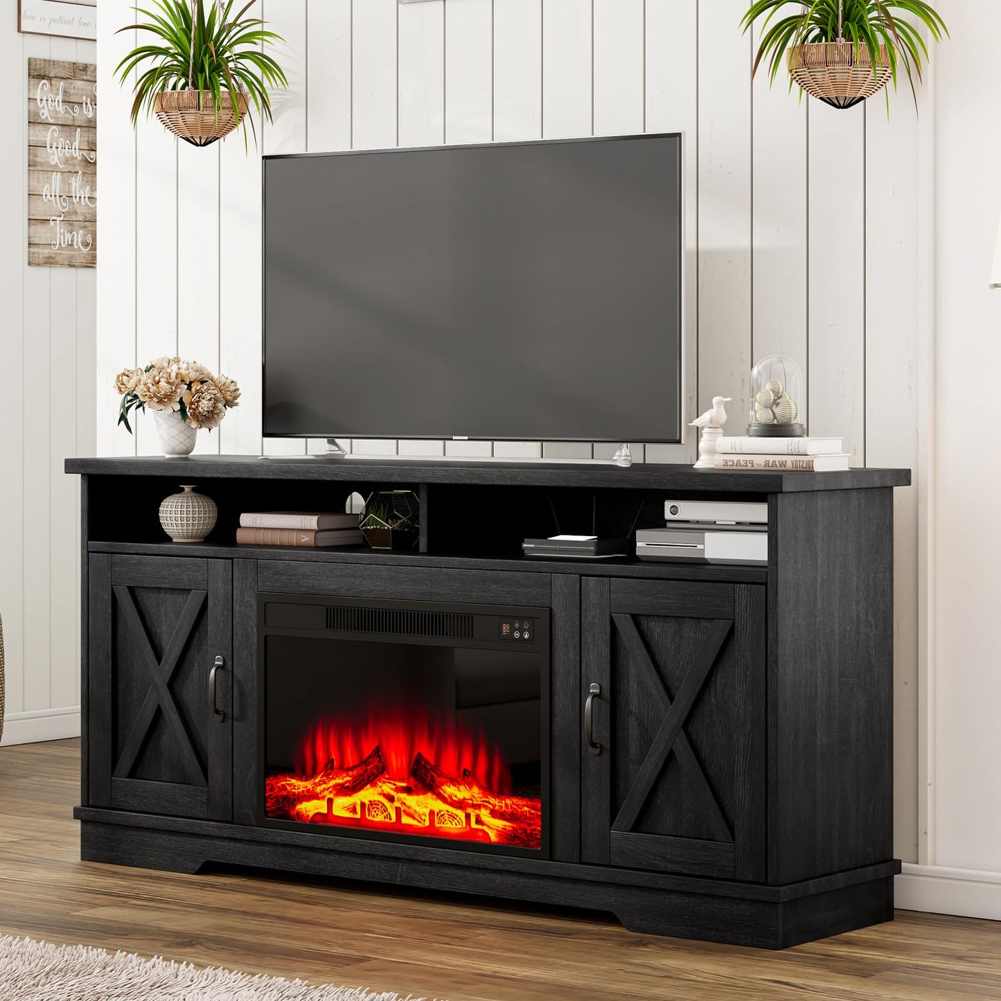 AMERLIFE 63" Farmhouse TV Stand with 26" Fireplace, for TVs up to 73", Entertainment Center with Adjustable Shelf & Barn Doors, TV Console Cabinet for Living Room, Antique Black & Oak