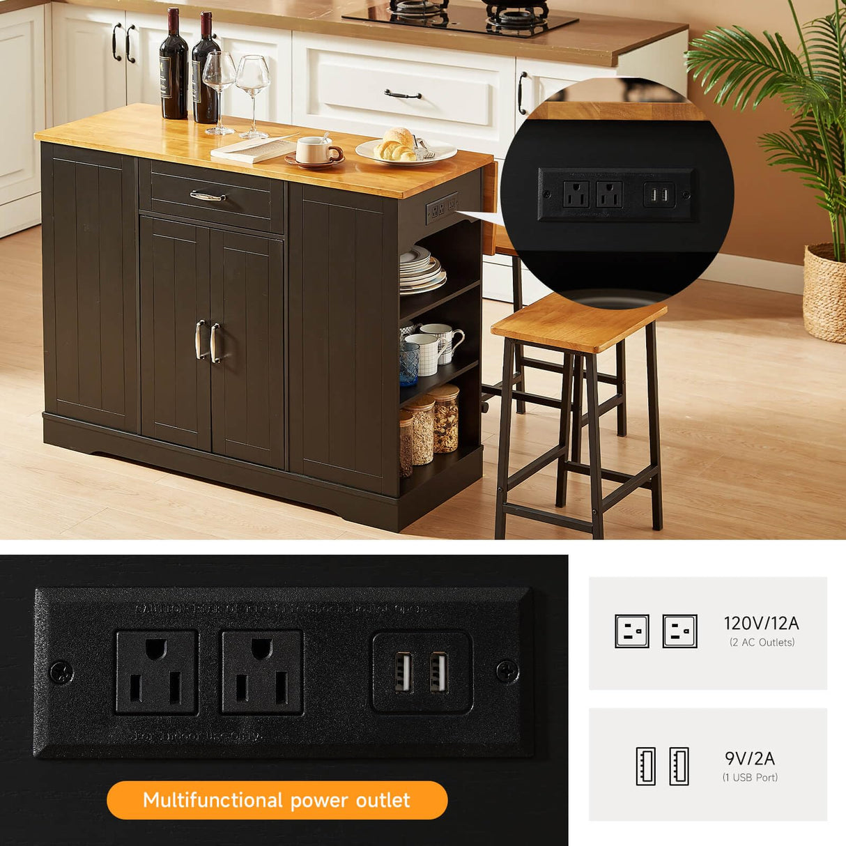 ONBRILL Stationary Kitchen Islands Include 2 Chairs, 47" Kitchen Island with Drop Leaf, Home Bar Table with Spice Rack & with Trash Cabinet, Island Table for Dining Room with Power Outlet, Black ONBRILL