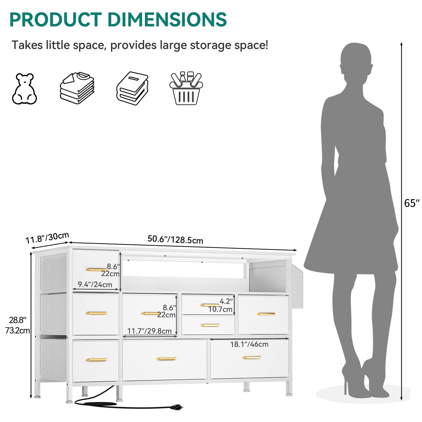 YITAHOME Dresser TV Stand for 55'' TV, 9-Drawer Dresser with Power Outlet and LED Light, Wide Dresser with Metal Handle, White Dresser with Shelves and PU Finish