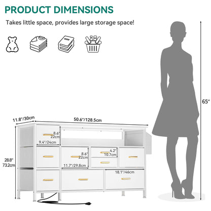 YITAHOME Dresser TV Stand for 55'' TV, 9-Drawer Dresser with Power Outlet and LED Light, Wide Dresser with Metal Handle, White Dresser with Shelves and PU Finish