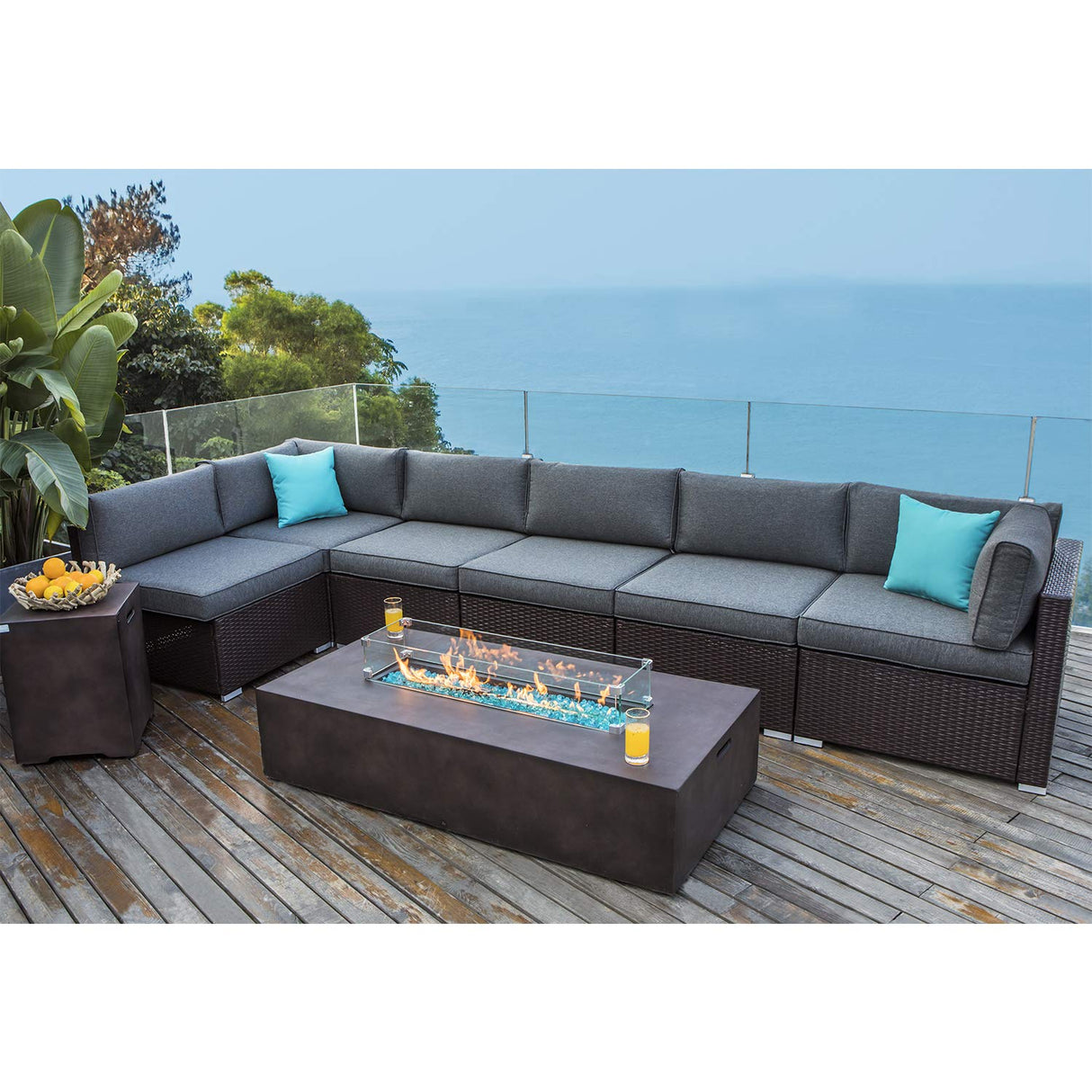 COSIEST 9 Piece Outdoor Wicker Sectional Sofa w Fire Pit Table,Chocolate Brown Patio Furniture Set w 56 x 28 inches Rectangle Bronze Fire Table (50,000 BTU) and Tank Outside(20lb) for Garden COSIEST