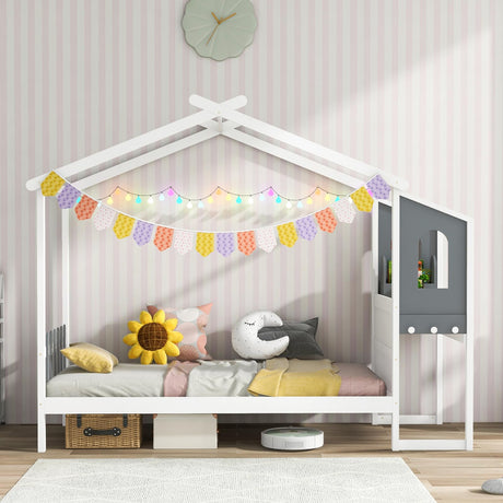 KOMFOTT Twin House Bed with Desk, Wood Montessori Bed Frame with House Roof Canopy, 2 Drawers, Modern Playhouse Bed with Fence for Kids, Teens, Girls & Boys, No Box Spring Needed, White & Gray KOMFOTT
