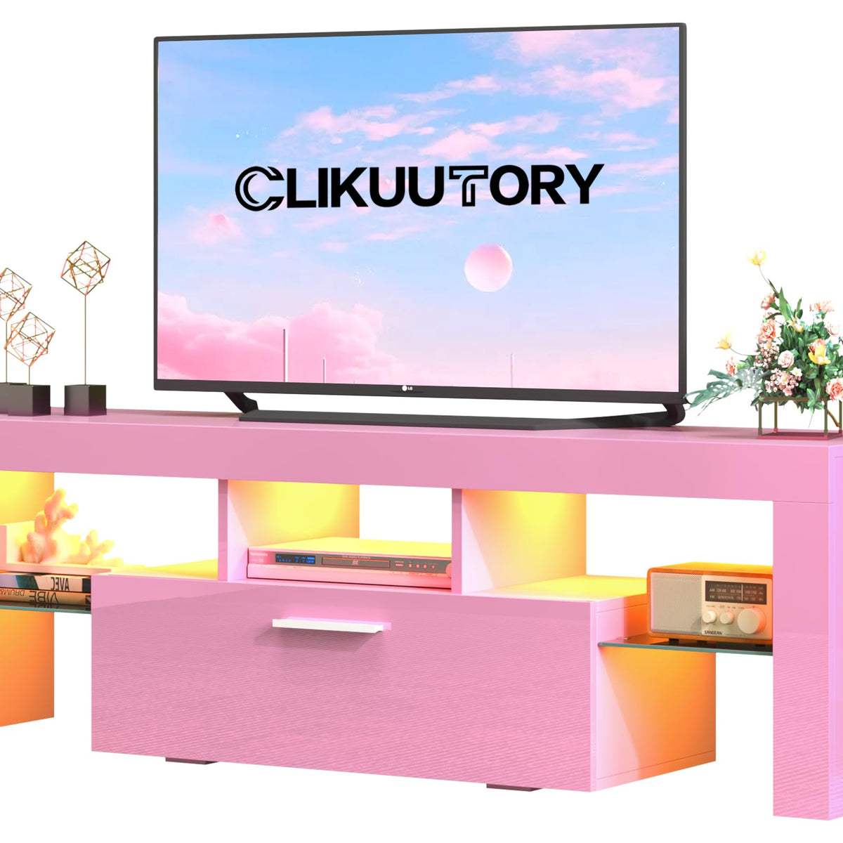 Clikuutory Pink LED TV Stand with Large Storage Drawer for 32 40 50 55 ...