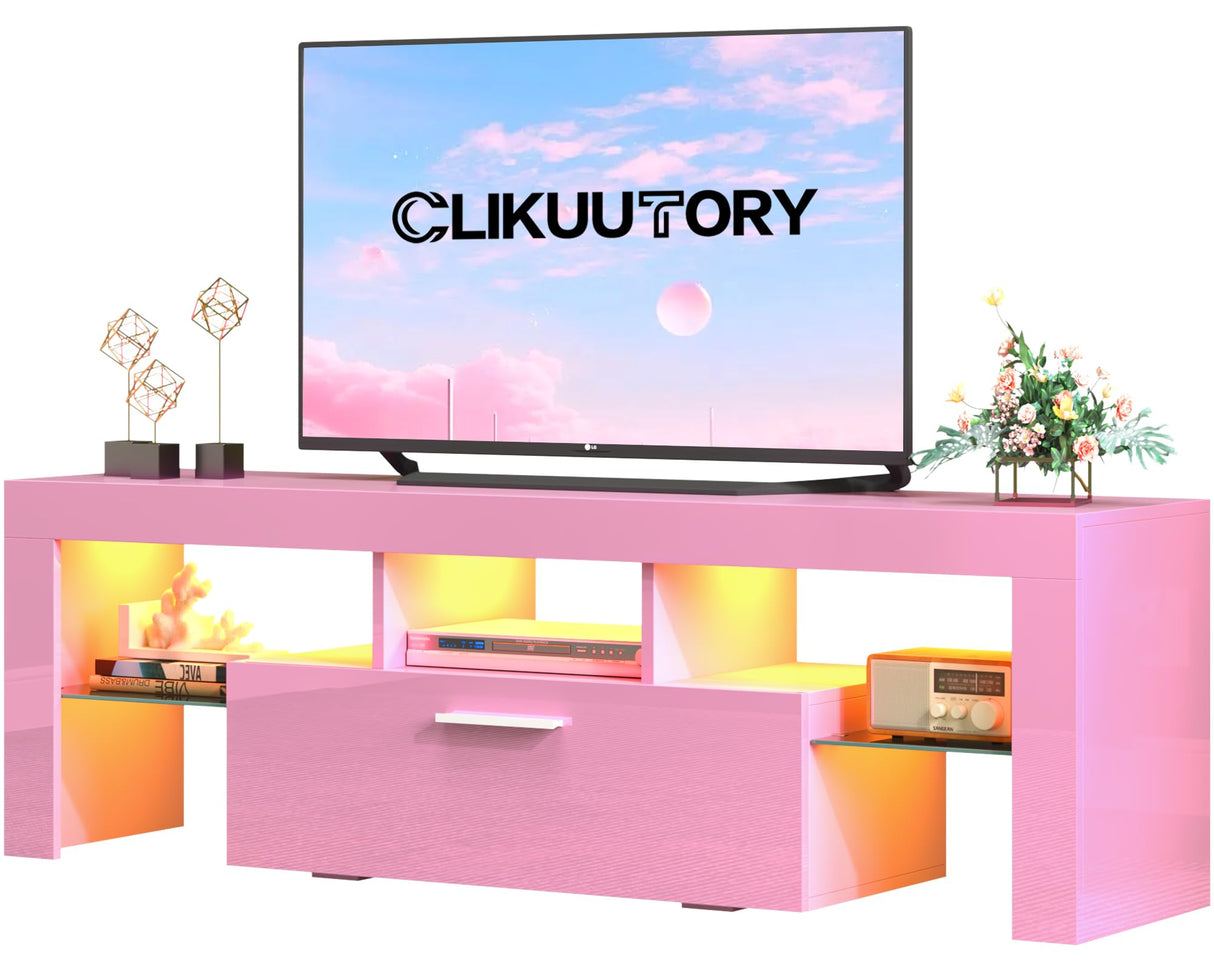 Clikuutory Pink LED TV Stand with Large Storage Drawer for 32 40 50 55 Inch TVs, Modern High Gloss TV Console Table with Entertainment Center for Living Room, Bedroom, Pink Clikuutory