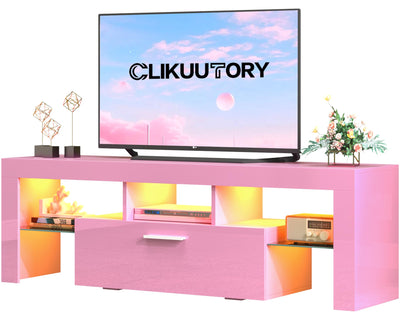 Clikuutory Pink LED TV Stand with Large Storage Drawer for 32 40 50 55 Inch TVs, Modern High Gloss TV Console Table with Entertainment Center for Living Room, Bedroom, Pink