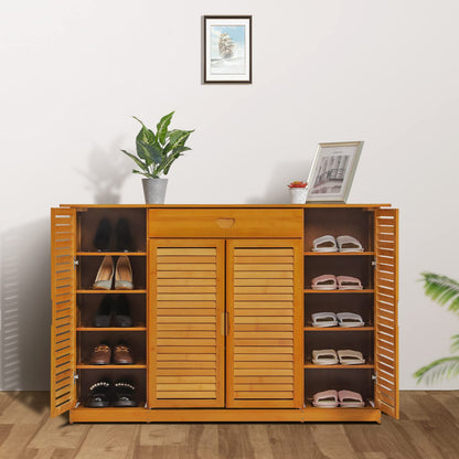 MoNiBloom Bamboo Shoe Storage Cabinet Shelf Stand with 2 Double Shutter Doors & 1 Drawer for 26-30 Pairs Entryway Hallway Living Room Bedroom, Brown - WoodArtSupply