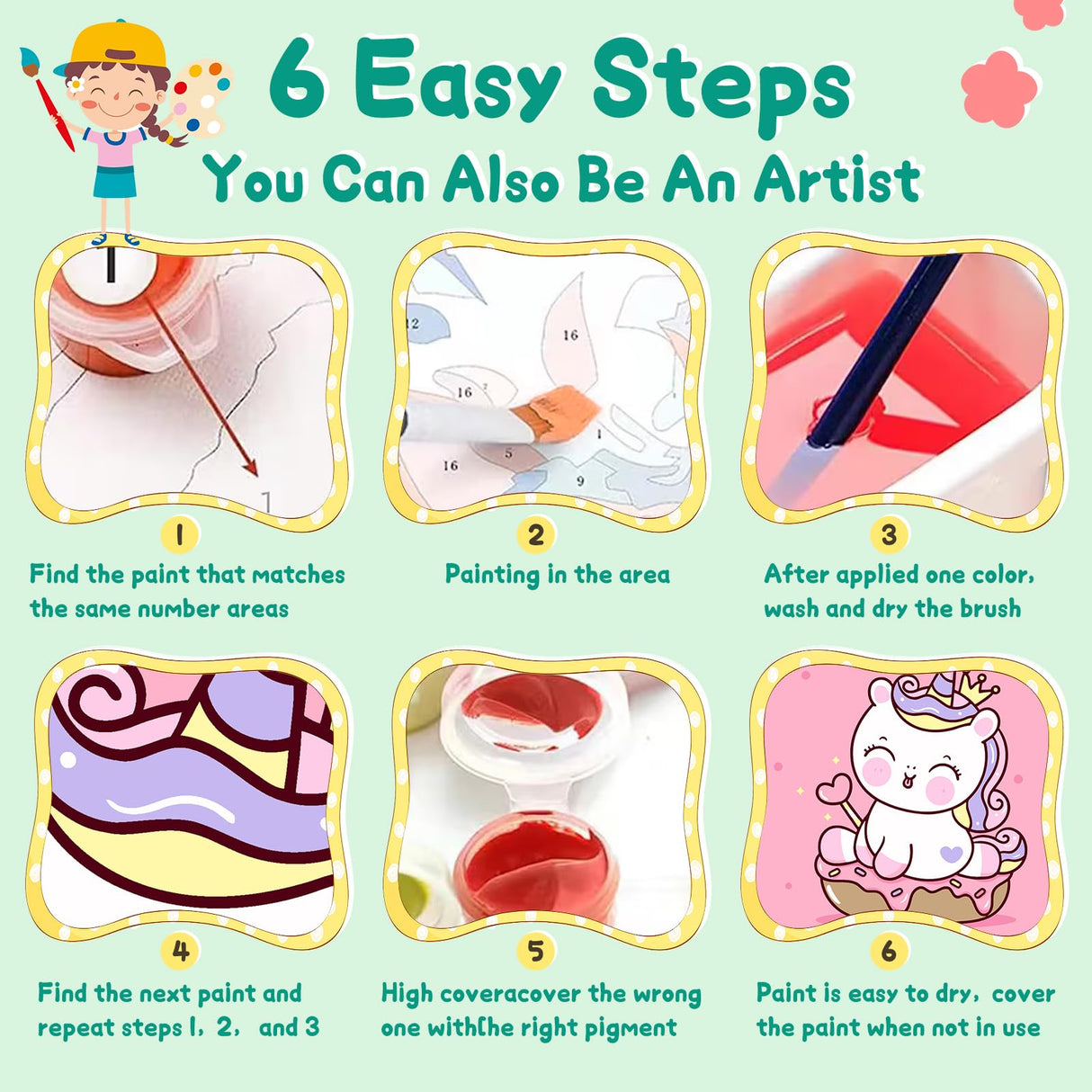 4 Pack Paint by Numbers Kit for Kids with Wooden Frame, Unicorns Easy Framed Paint by Numbers for Kids Age 4-8-12, DIY Simple Acrylic Oil Kids Painting by Numebrs Kit for Home Wall Decor (8x8 Inch) Offito