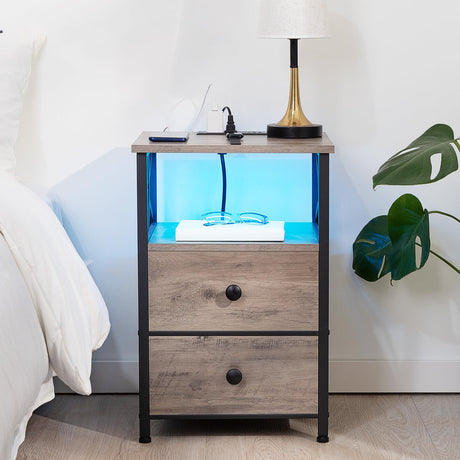 AMHANCIBLE Night Stand Set 2, LED Nightstands for Bedroom Set of 2 with Charging Station, End Table with USB Port and Outlet, Side Table with 2 Storage Drawers for Living Room, Greige, HET052LGY AMHANCIBLE