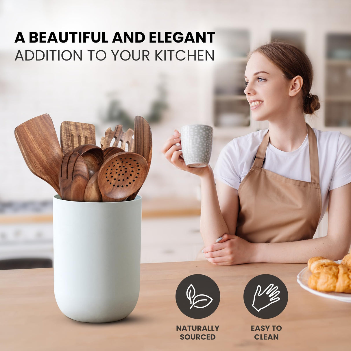 Zulay Kitchen 9-Piece Teak Wooden Utensils for Cooking - Smooth Finish Natural Teak Utensil Set - Non-Stick Wooden Spoons for Cooking - Kitchen Gift Set - Comfortable Grip Wooden Utensil Set Zulay Kitchen