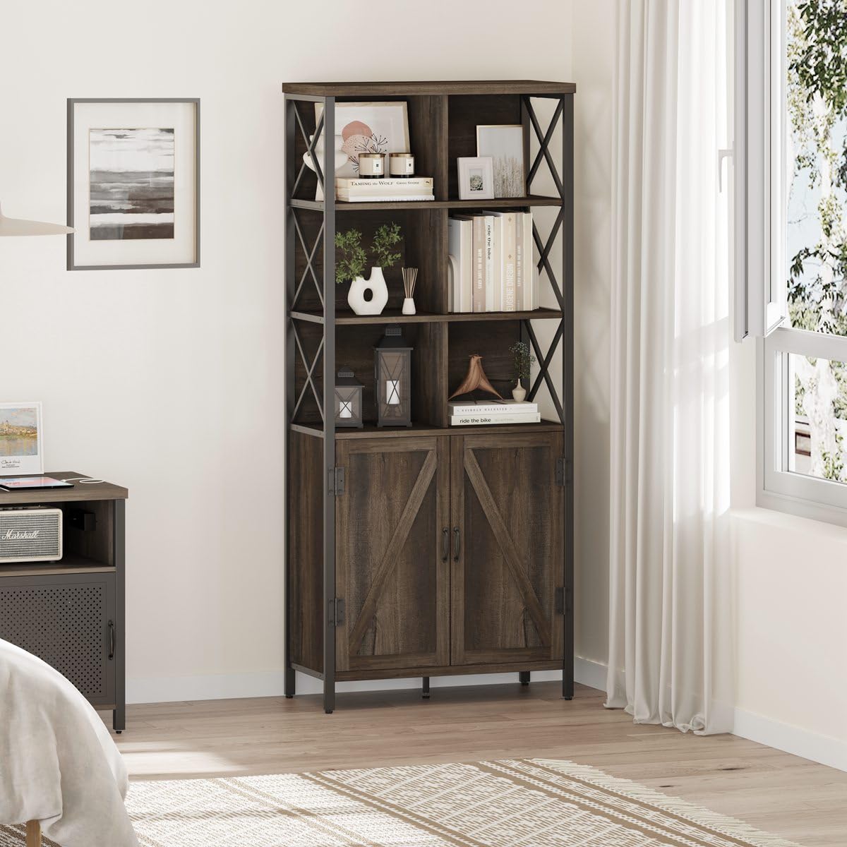 FATORRI Rustic Wood Bookshelf with Doors and Cabinet – Industrial Tall Bookcase in Walnut Brown FATORRI
