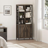 FATORRI Rustic Wood Bookshelf with Doors and Cabinet – Industrial Tall Bookcase in Walnut Brown FATORRI