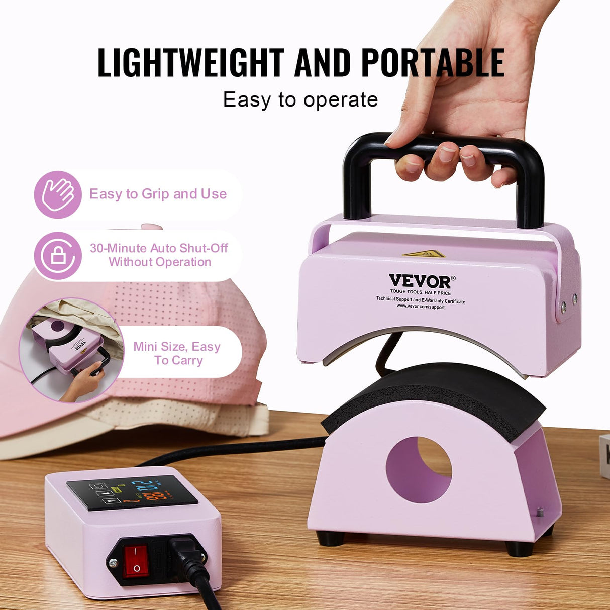 VEVOR Hat Press Machine, Mini Hat Heat Press for Caps with Integrated Control Panel, Cap Heat Press Machine with 5.9x3.15 inch Curved Heating Plate, Safety Base, and Glove, Automatic Shut-Off, Purple VEVOR
