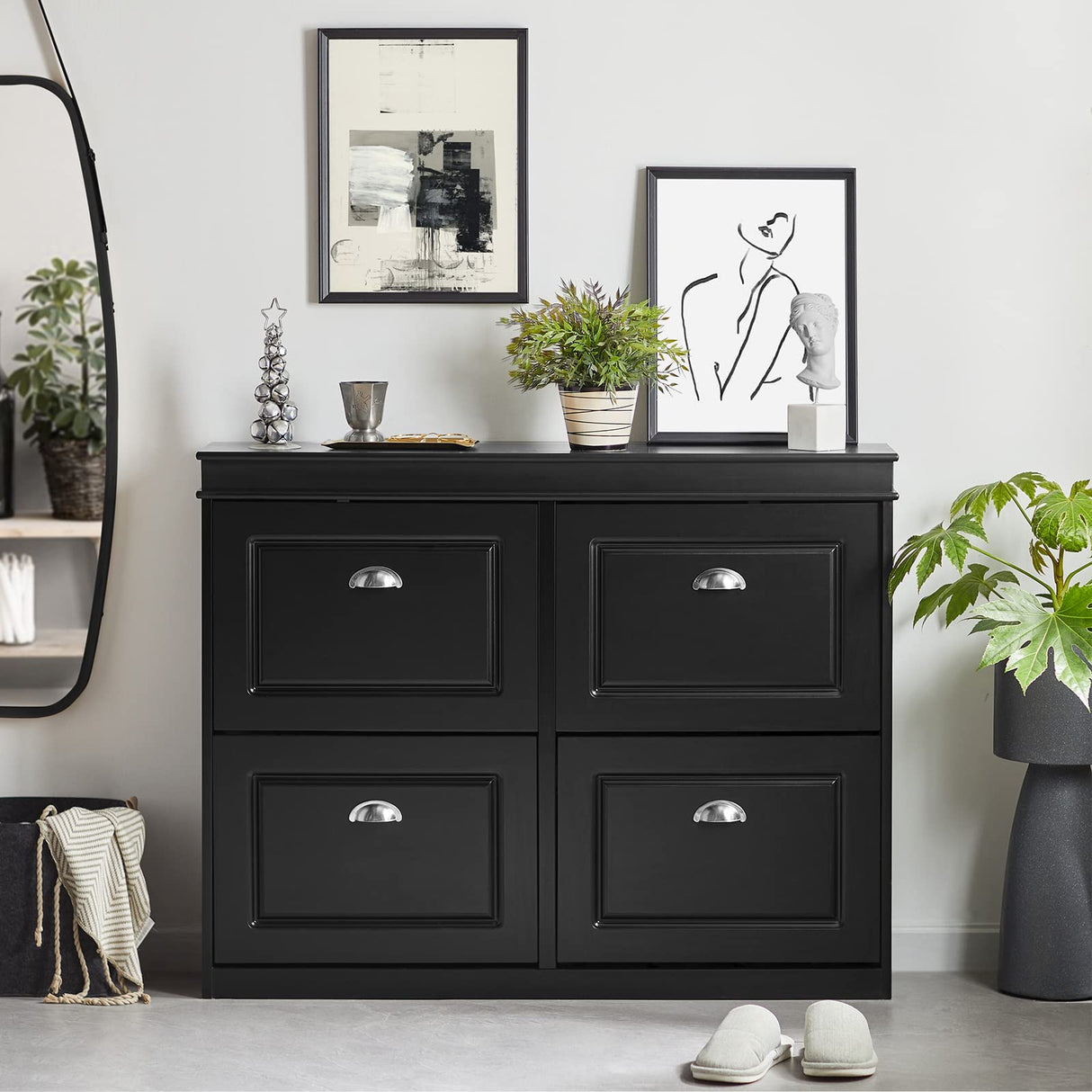 Haotian Modern Black Freestanding Shoe Cabinet with 4 Flip Drawers, 8 Levels, W41.3 x D9.5 H32.7 in., Entryway Shoe Organizer Haotian