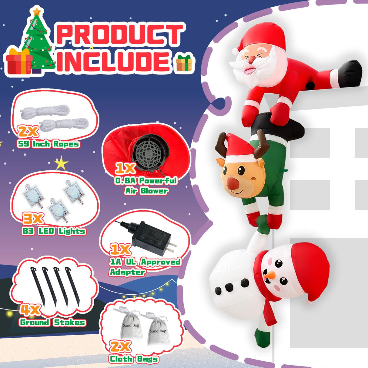 OurWarm 8FT Hanging Christmas Inflatables Decorations, Climbing Santa Claus with Reindeer & Snowman, Xmas Decor for Beam Roof Tree Indoor Home Party OurWarm