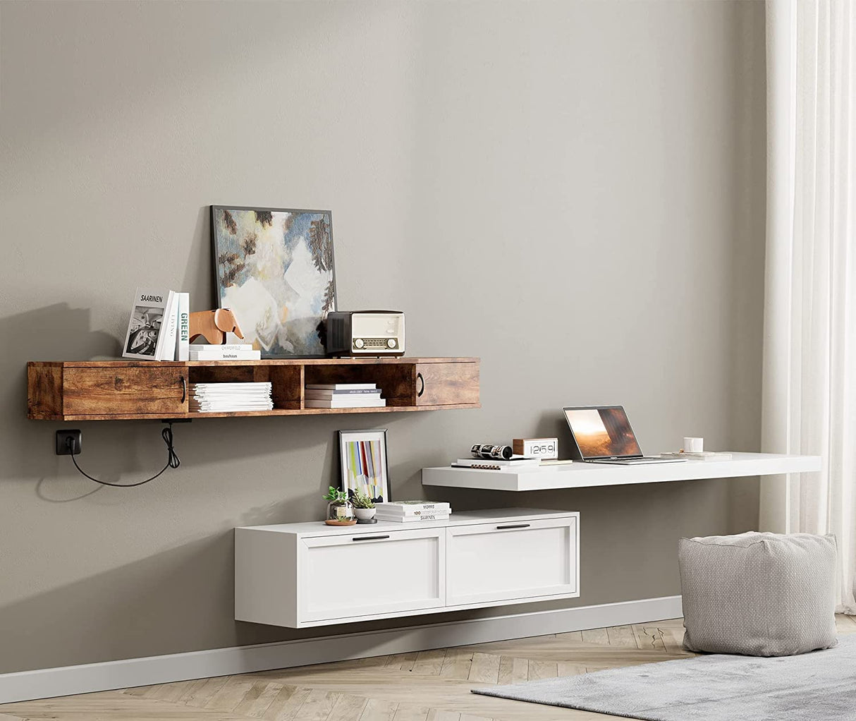 FITUEYES Wall Mounted Floating TV Shelf with Yellow Light, Flaoting Entertainment Center TV Shelf for Under TV, Wall Mounted TV Console Cabinet,70'',Brown FITUEYES