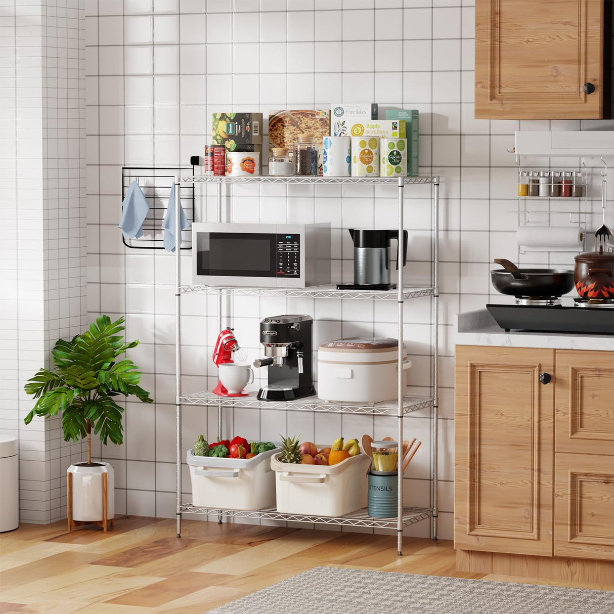 PayLessHere 4 Tier Shelving Unit 13.4" D×35" W×53.7" H Metal Shelving Standing Storage Shelf with 4 Steel Frame Adjustable Layer Racks Metal Commercial Shelf for Kitchen, Garage (Chrome) PayLessHere