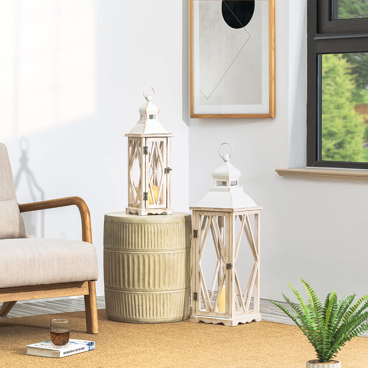 Glitzhome Large Farmhouse Wooden Metal Lantern Set of 2, 28.74" H/20.47" H Rustic Decorative Floor Candle Lanterns, Distressed Hanging Lanterns for Home Décor White (No Glass) Glitzhome