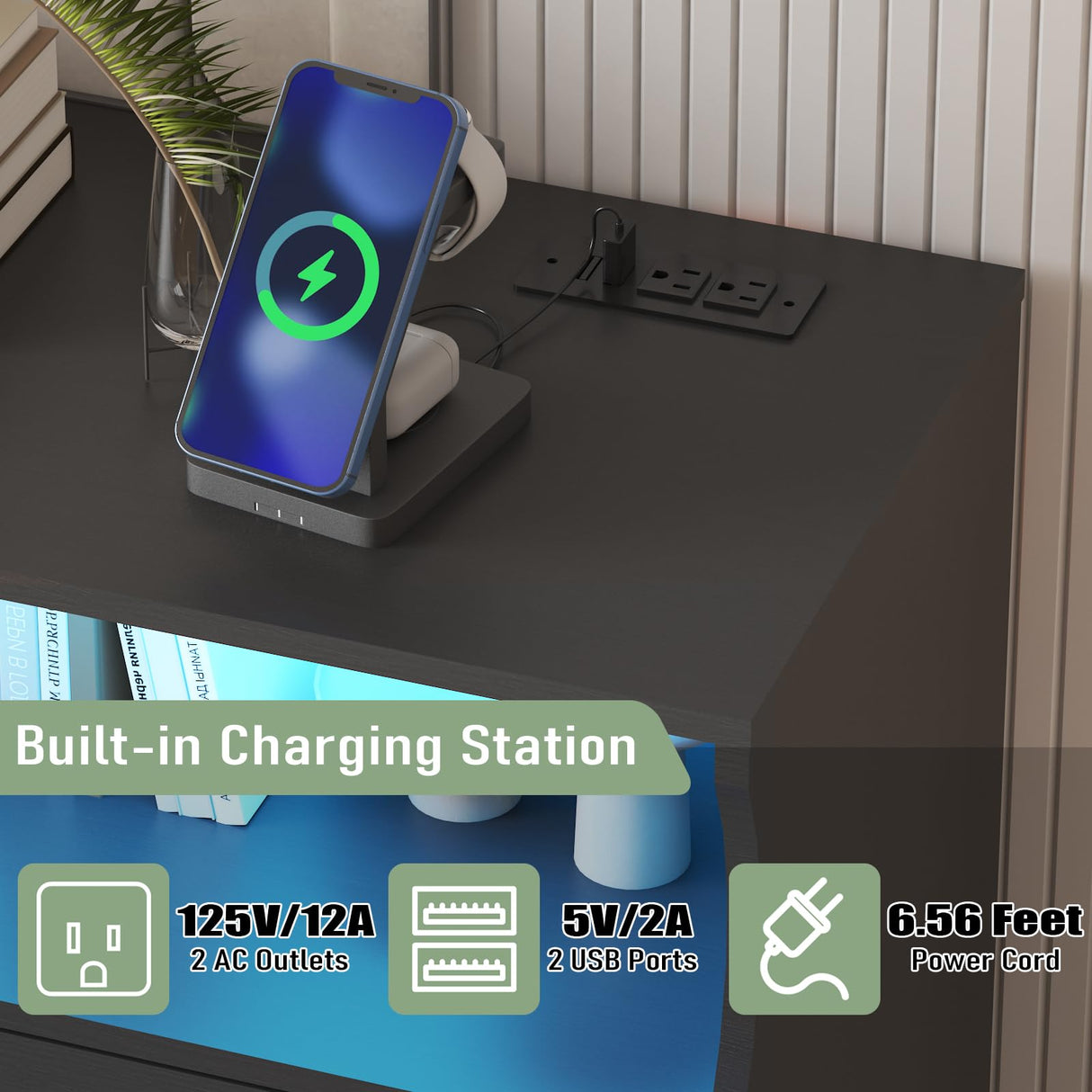 GarveeHome 55" W Black Dresser for Bedroom, 8 Drawer Dresser with Led Lights and Charging Station, Large Chest of Drawers Storage Organizer with Storage Shelves for Living Room, Entryway GarveeHome